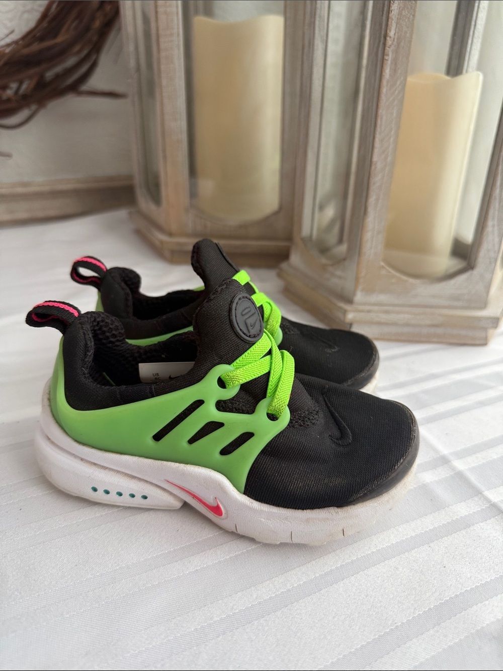 Nike Kids Black and Neon Green Slip-On Sneakers with Coral Swoosh